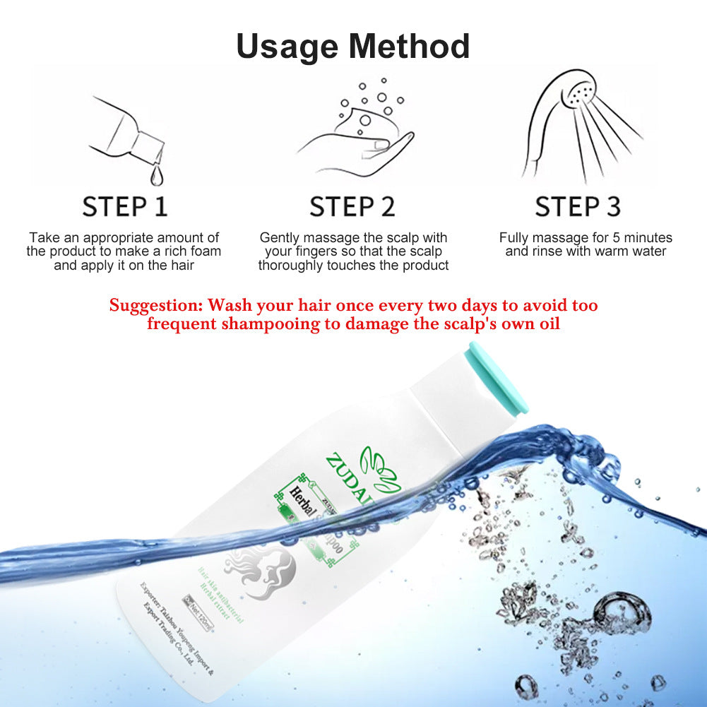 Person applying herbal anti-dandruff shampoo for healthy and nourished hair