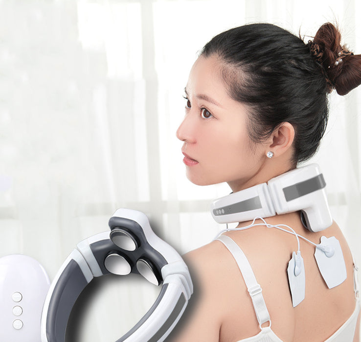 Person using smart neck massager to relieve tension and improve circulation