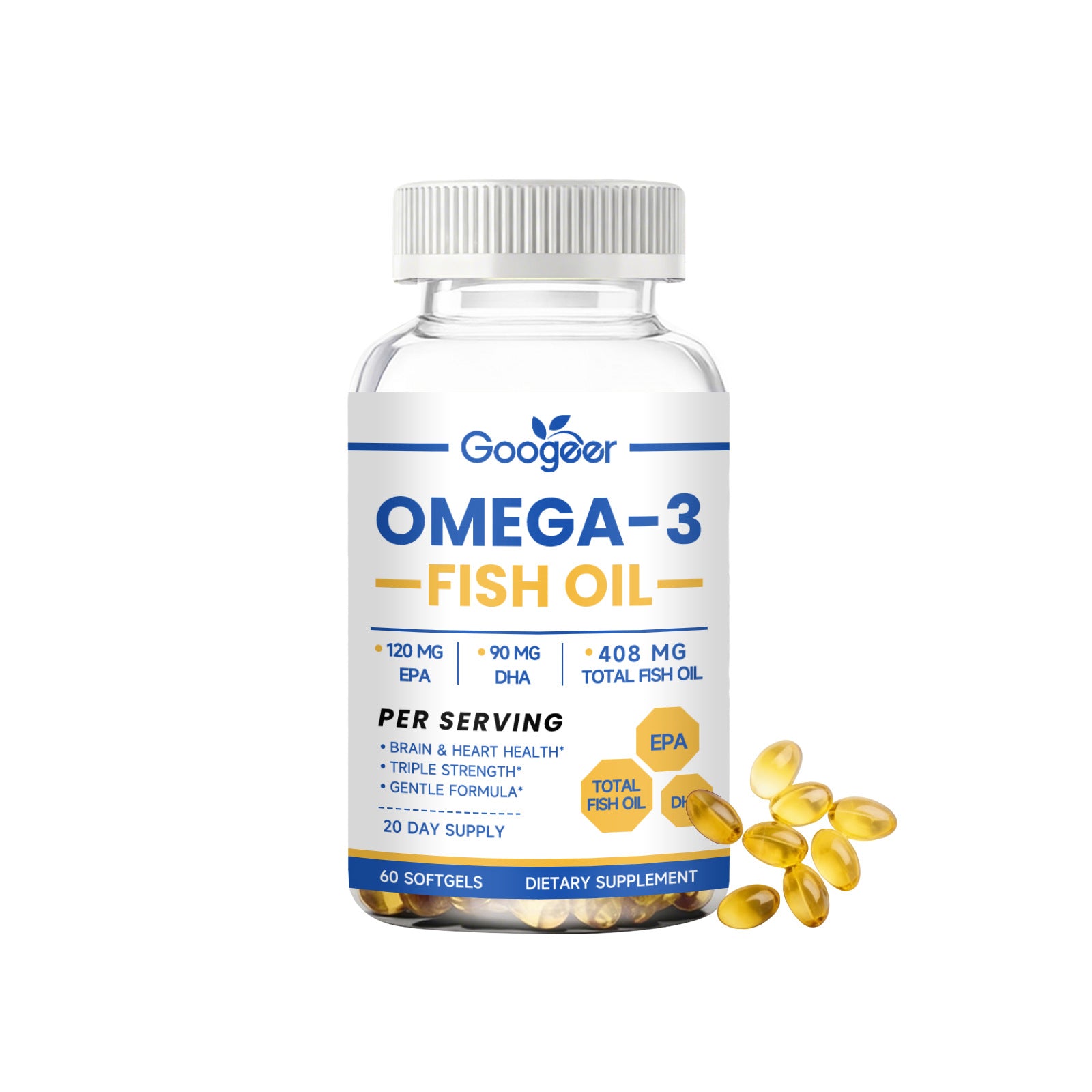 Omega-3 fish oil bottle highlighting heart, brain, and overall health benefits