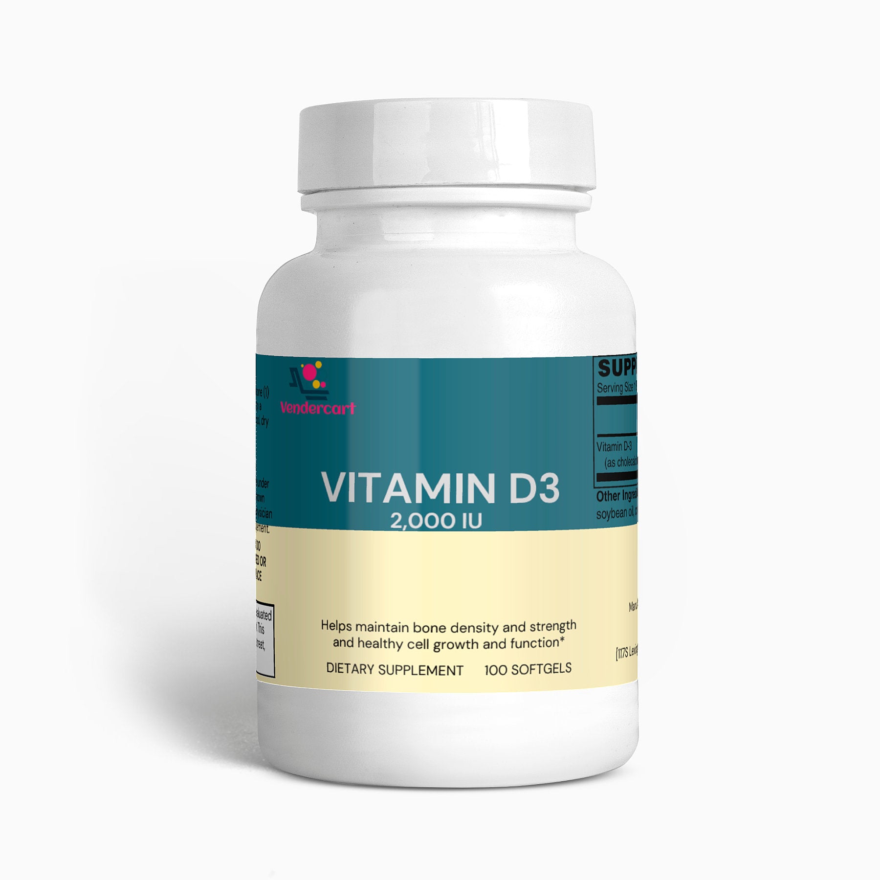 Vitamin D3 bottle emphasizing immune support, bone strength, and muscle function