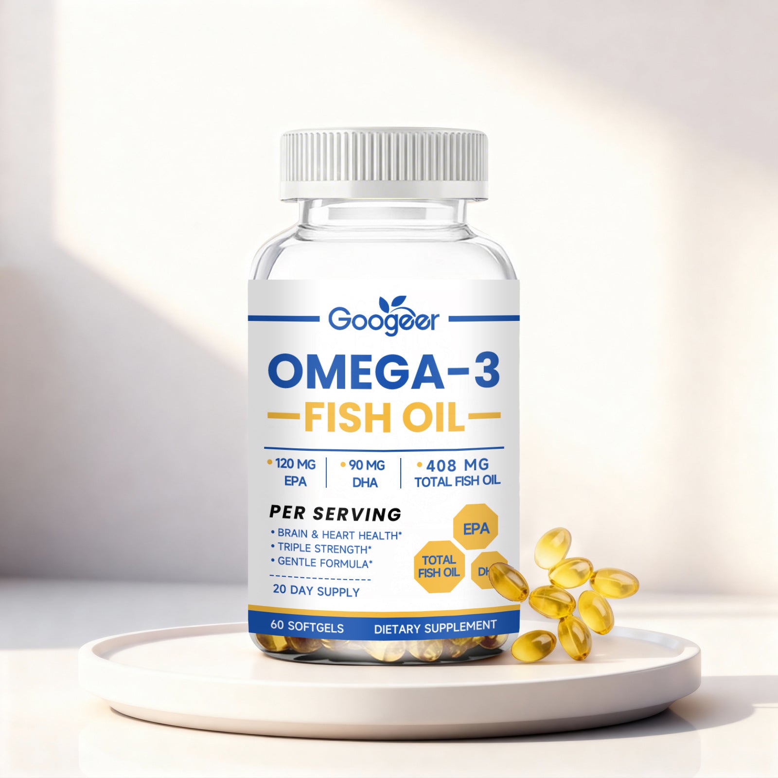 Omega-3 Fish Oil Softgels bottle for heart and brain health support