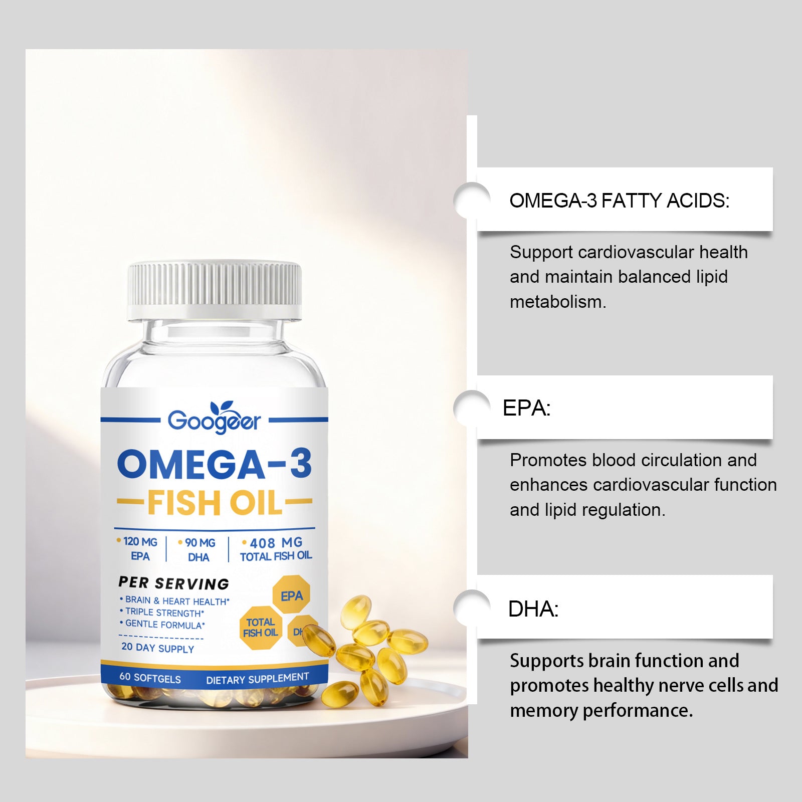 Omega-3 capsules displayed with natural fish oil for essential fatty acids