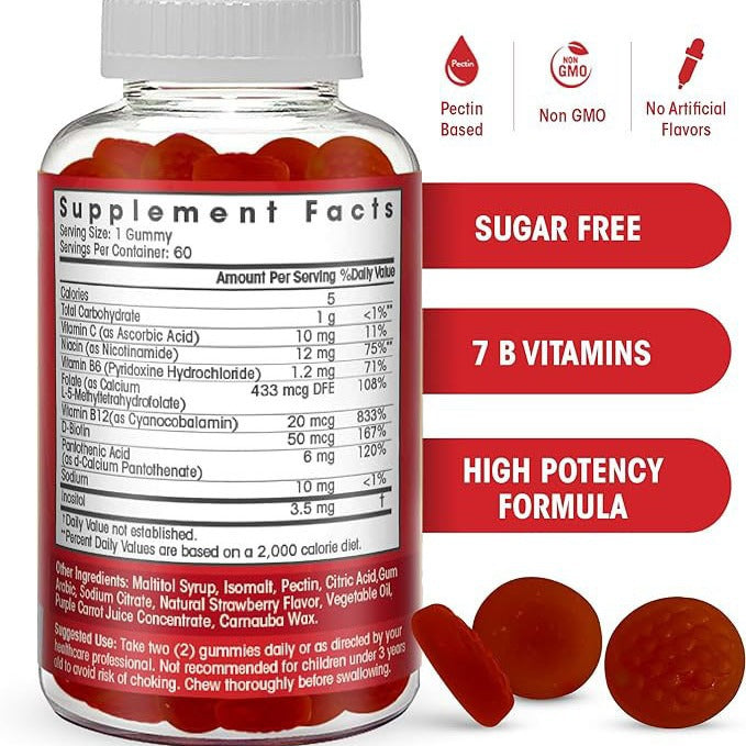 Bottle of Vitamin B Complex Gummies highlighting dosage and instructions