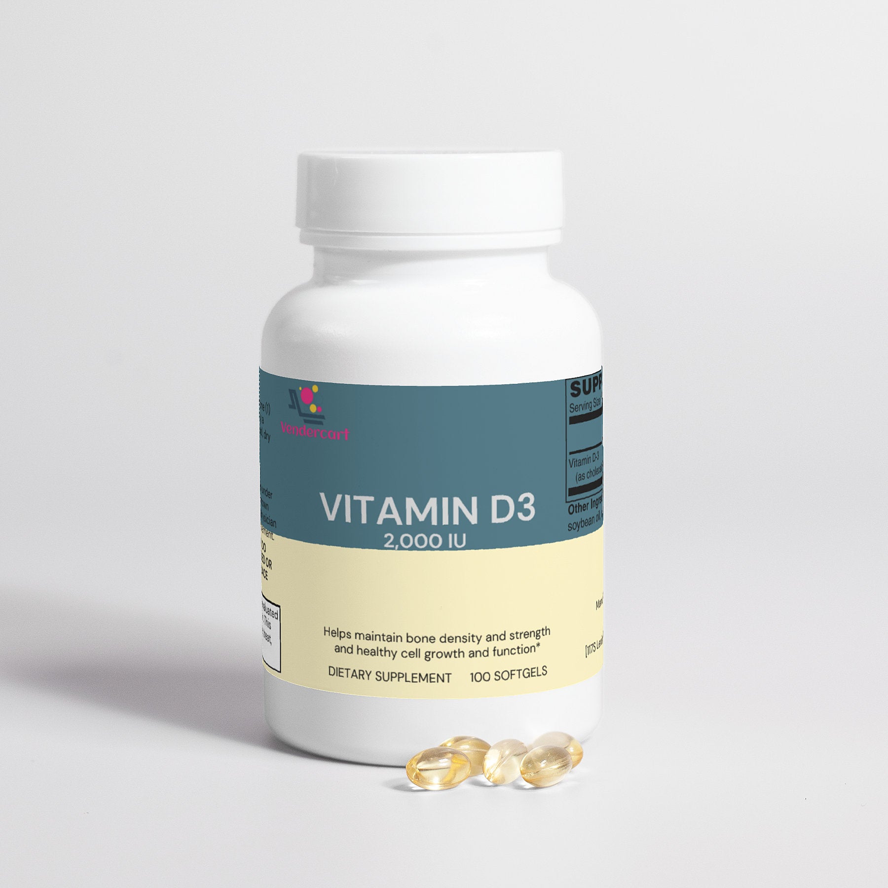 Vitamin D3 bottle highlighting immune, bone, and muscle health benefits