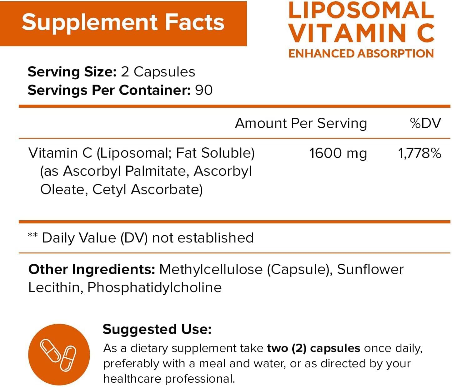 Vitamin C 1600mg bottle highlighting label, vegan and non-GMO benefits