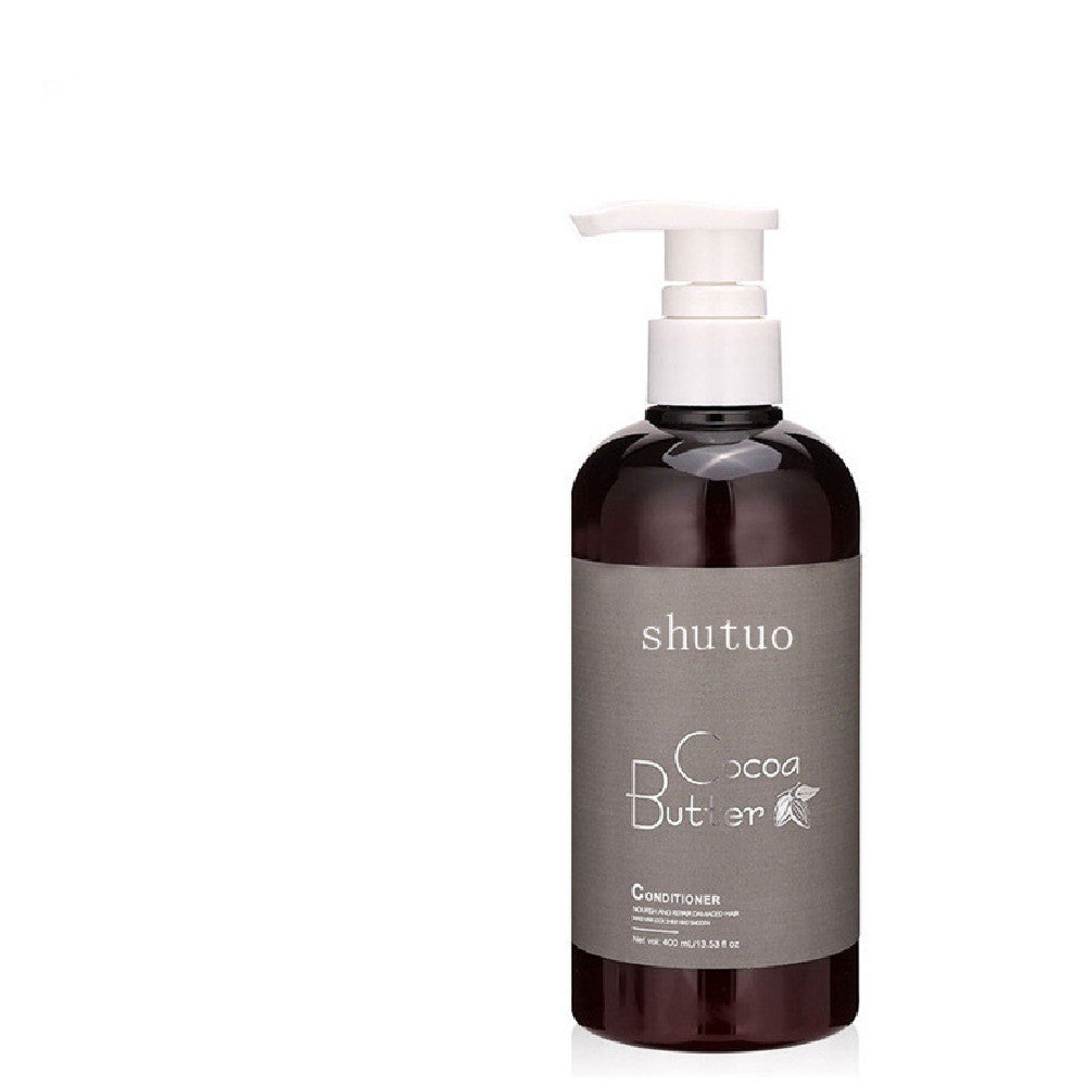 Cocoa butter shampoo and conditioner bottles highlighting label and benefits