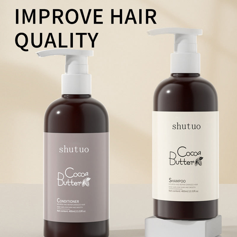 Cocoa butter shampoo and conditioner paired with scalp brush for optimal hair care