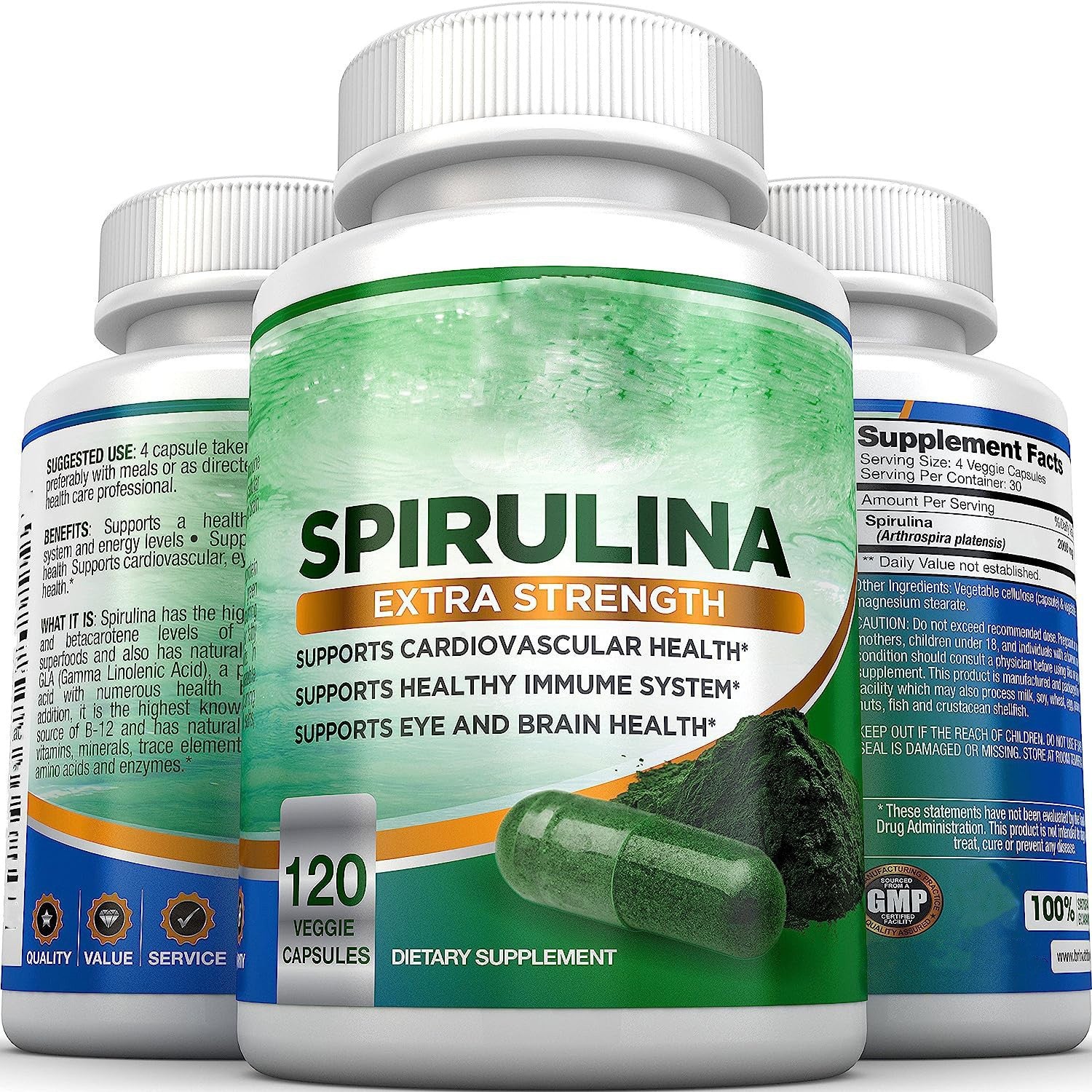 Spirulina Superfood Capsules 120-count bottle for energy, detox, and immune support